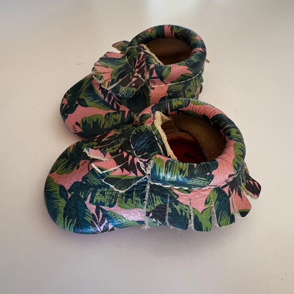 Freshly Picked Tropical Print Pink Baby Moccasin Shoes Size 1
